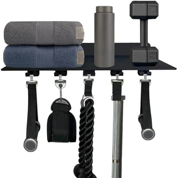 Wall Mounted Gym Shelf with Hooks Black Floating Storage Rack for Workout Gear - Picture 8 of 8